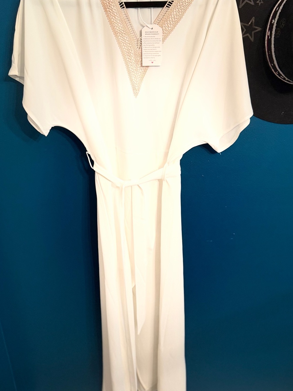 White V-Neck Belted Maxi Dress with Crochet Trim